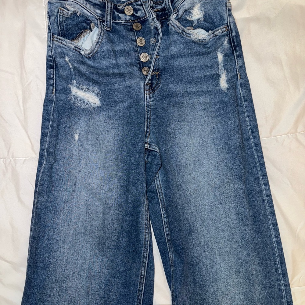 Buckle Blue Flare Wide Leg Jeans with Distressed Details